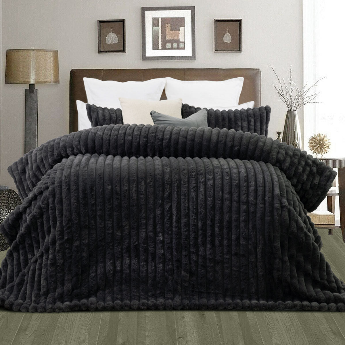 King Jane Barrington Arna Charcoal 3 Pcs Channel Faux Fur Comforter Set