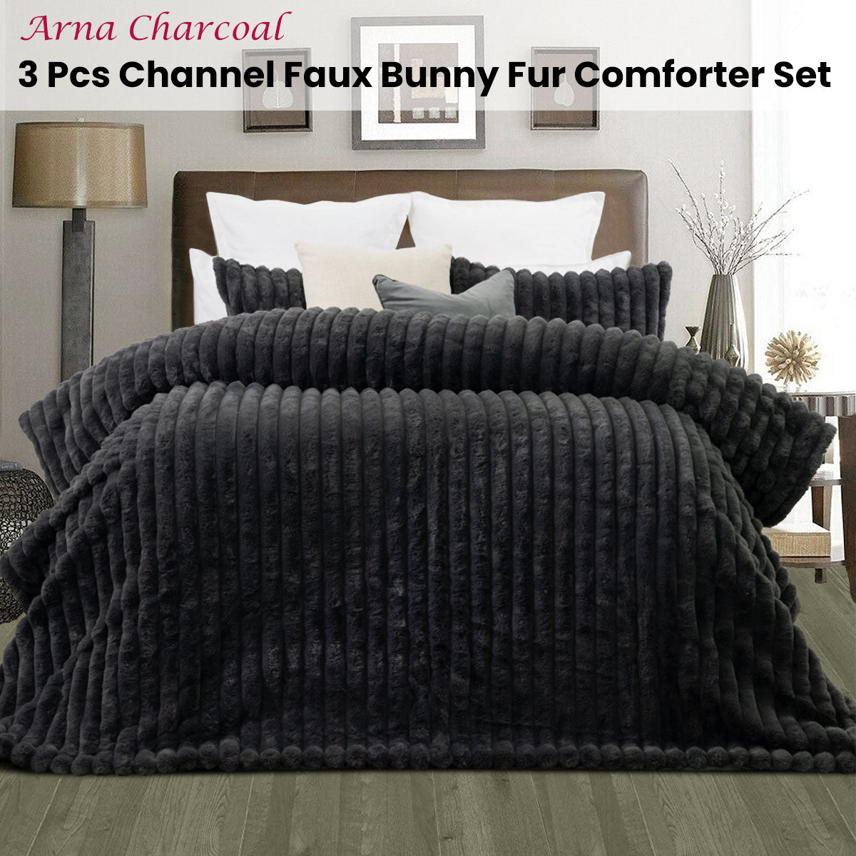 King Jane Barrington Arna Charcoal 3 Pcs Channel Faux Fur Comforter Set