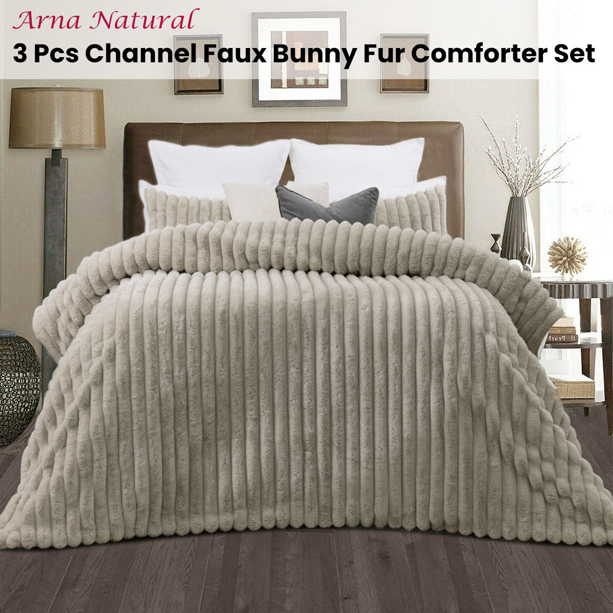 Queen Jane Barrington Arna Natural 3 Pcs Channel Faux Bunny Fur Comforter Set