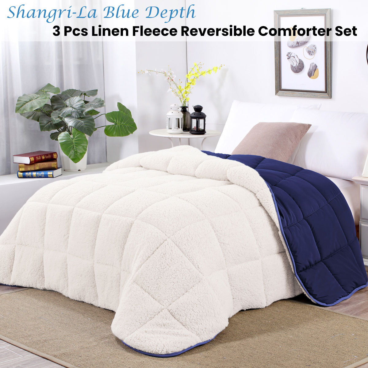 Double Shangri La Blue Depth Sherpa Fleece Reversible 3 Pcs Comforter Set - White/Blue