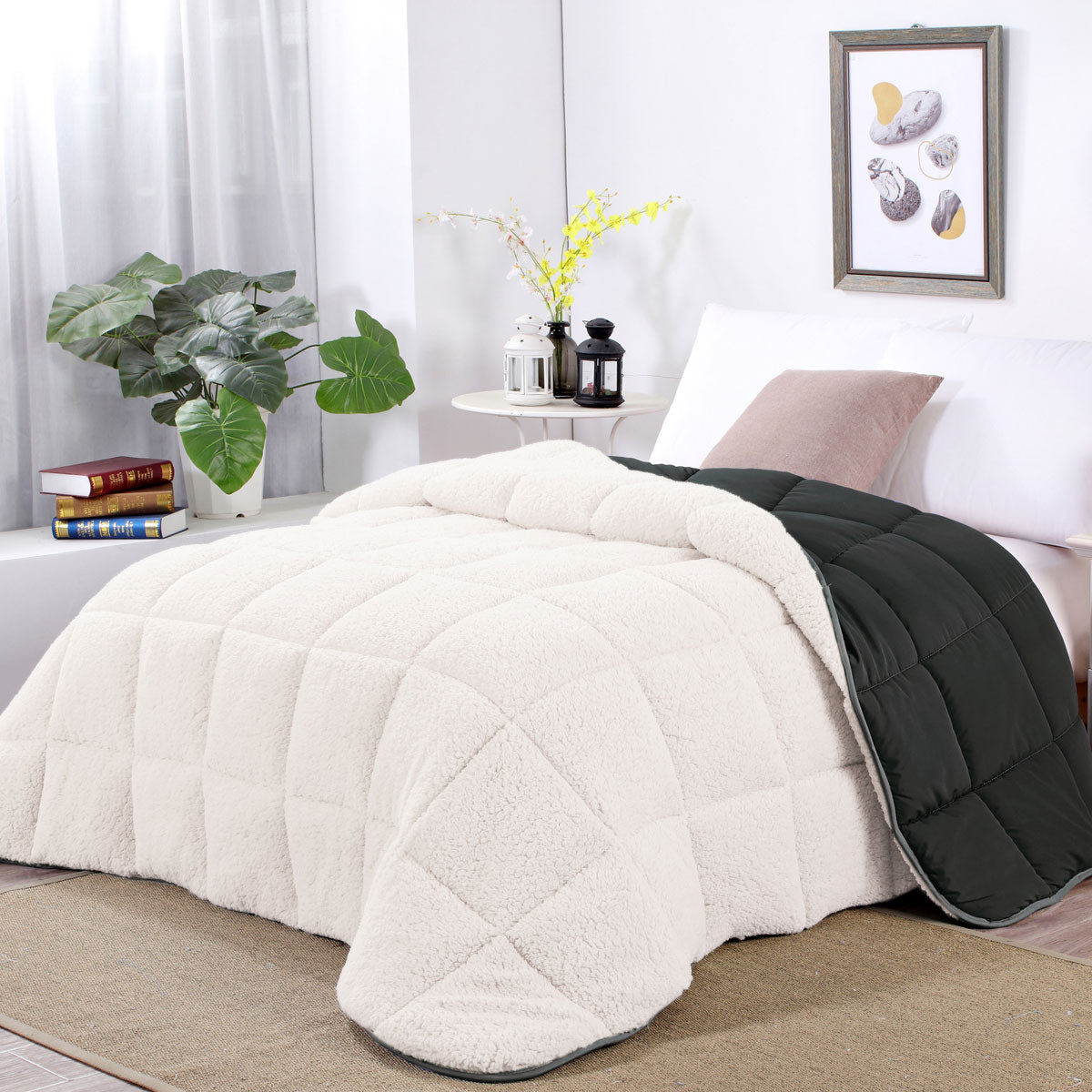 King Shangri La Charcoal Sherpa Fleece Reversible 3 Pcs Comforter Set - White /Black