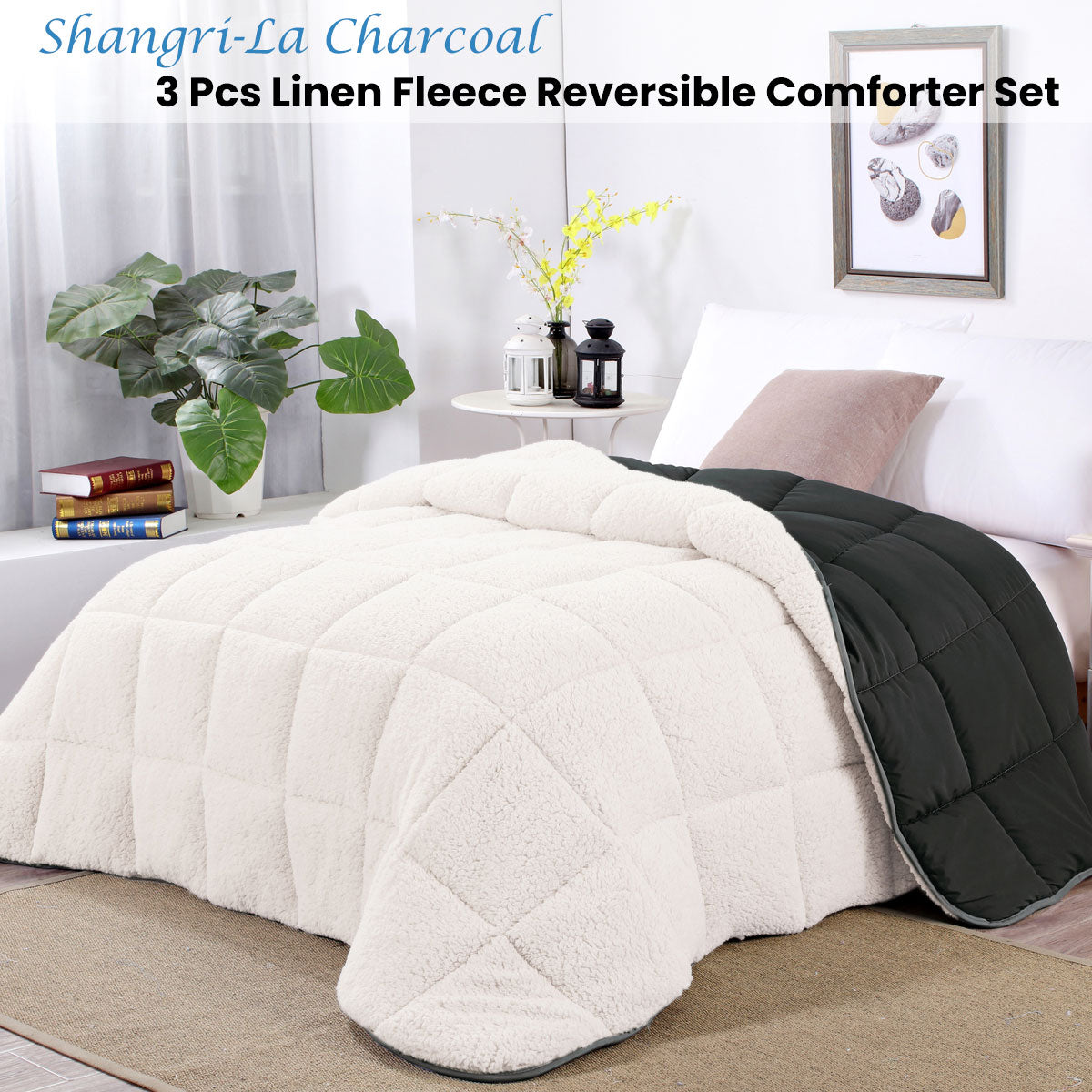 Queen Shangri La Charcoal Sherpa Fleece Reversible 3 Pcs Comforter Set - White/Black