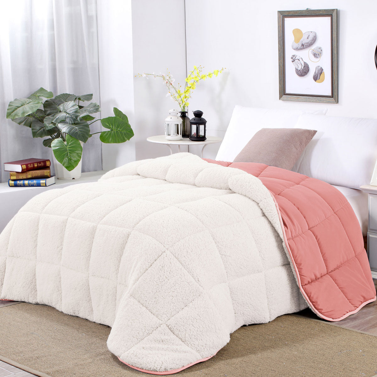Double Shangri La Rose Tan Sherpa Fleece Reversible 3 Pcs Comforter Set - White / Pink