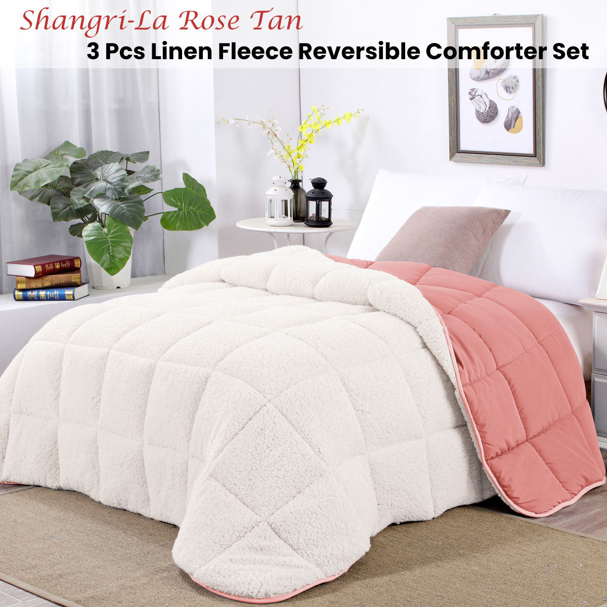 Queen Shangri La Rose Tan Sherpa Fleece Reversible 3 Pcs Comforter Set - White/Pink