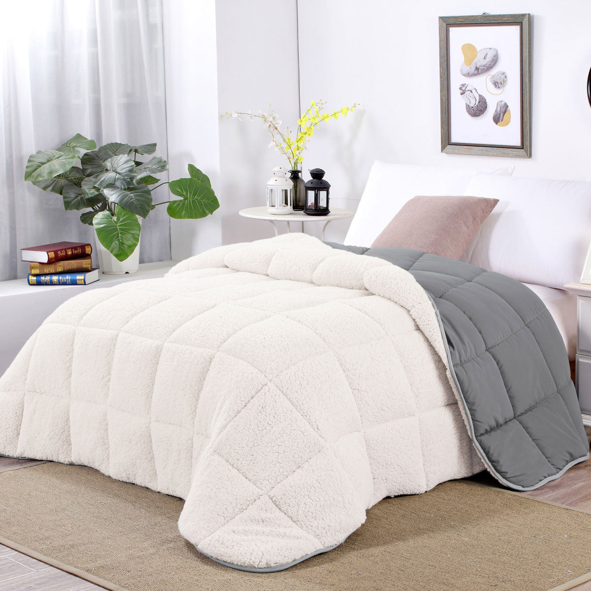 Double Shangri La Sleet Sherpa Fleece Reversible 3 Pcs Comforter Set - White/Grey