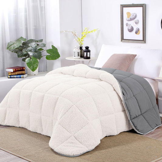 Queen Shangri La Sleet Sherpa Fleece Reversible 3 Pcs Comforter Set - White/Grey