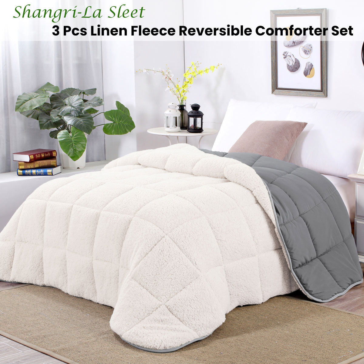 Queen Shangri La Sleet Sherpa Fleece Reversible 3 Pcs Comforter Set - White/Grey