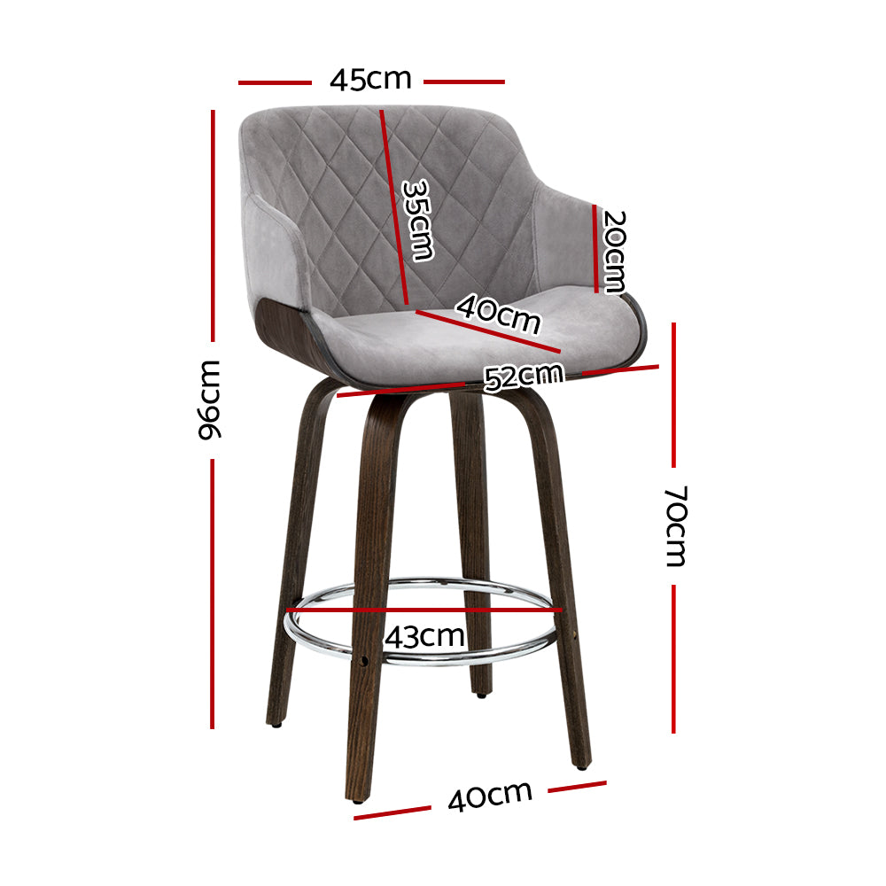 2x Kitchen Wooden Bar Stool Chairs Swivel Velvet - Grey
