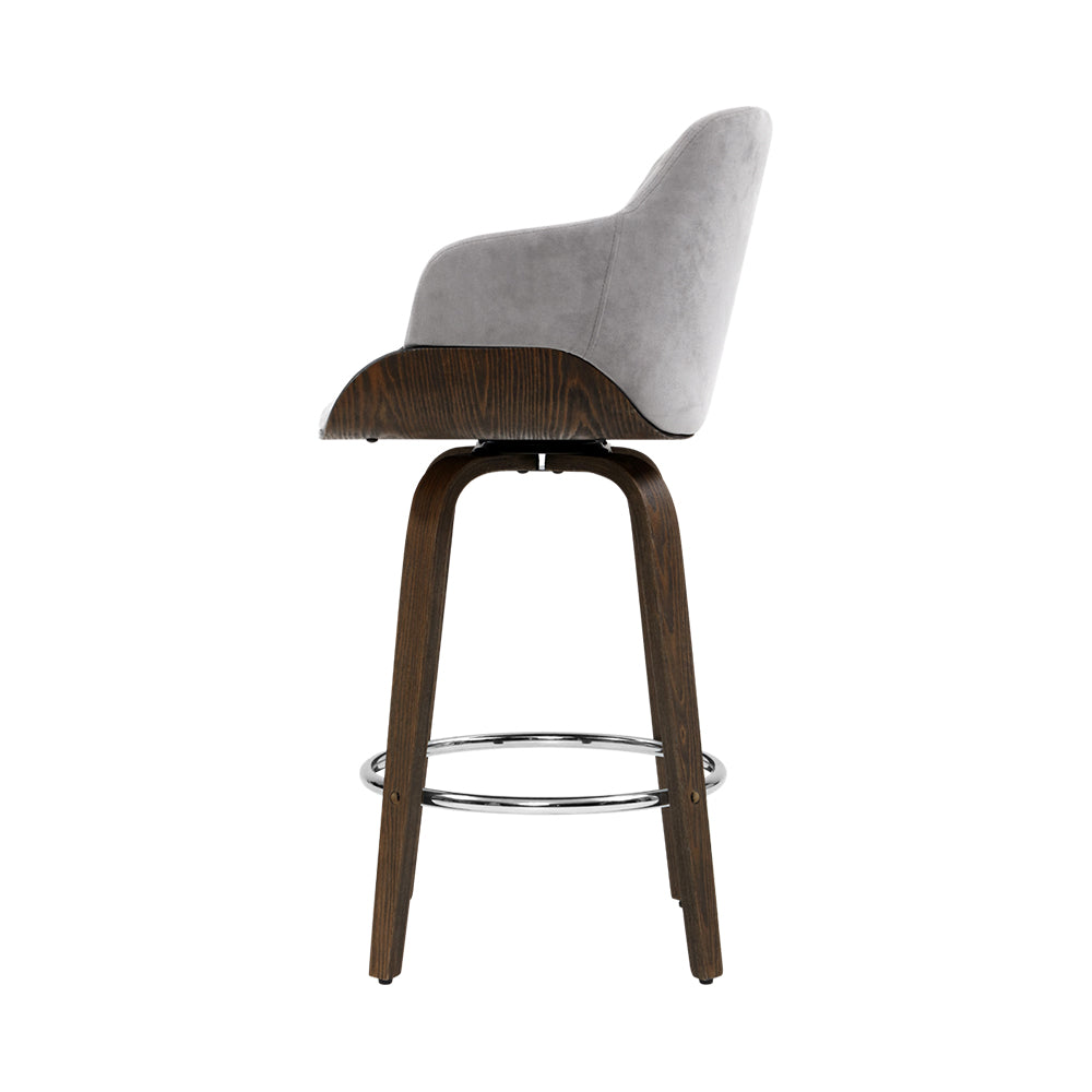 2x Kitchen Wooden Bar Stool Chairs Swivel Velvet - Grey