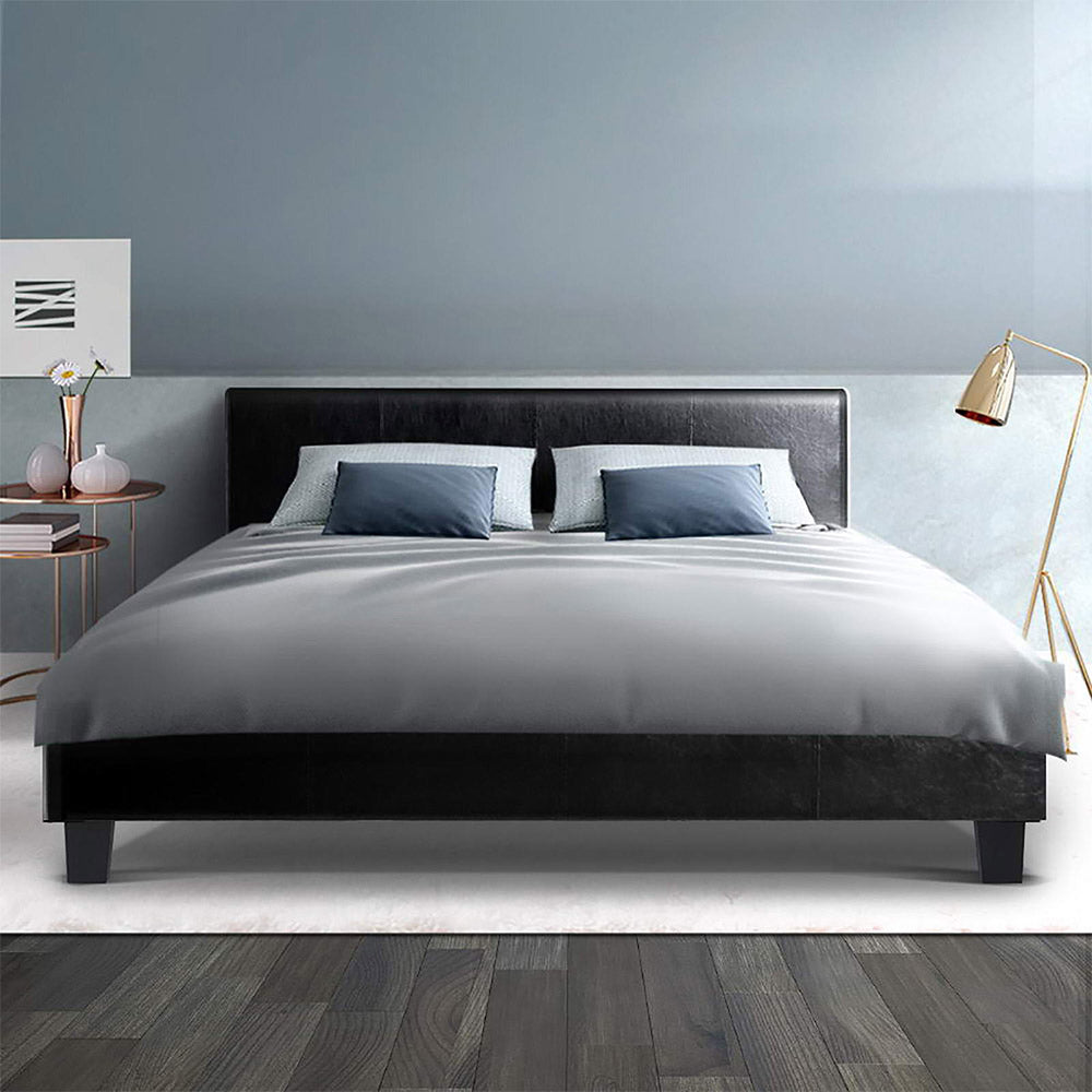 Double NEO Platform Leather Wooden Bed Frame - Black
