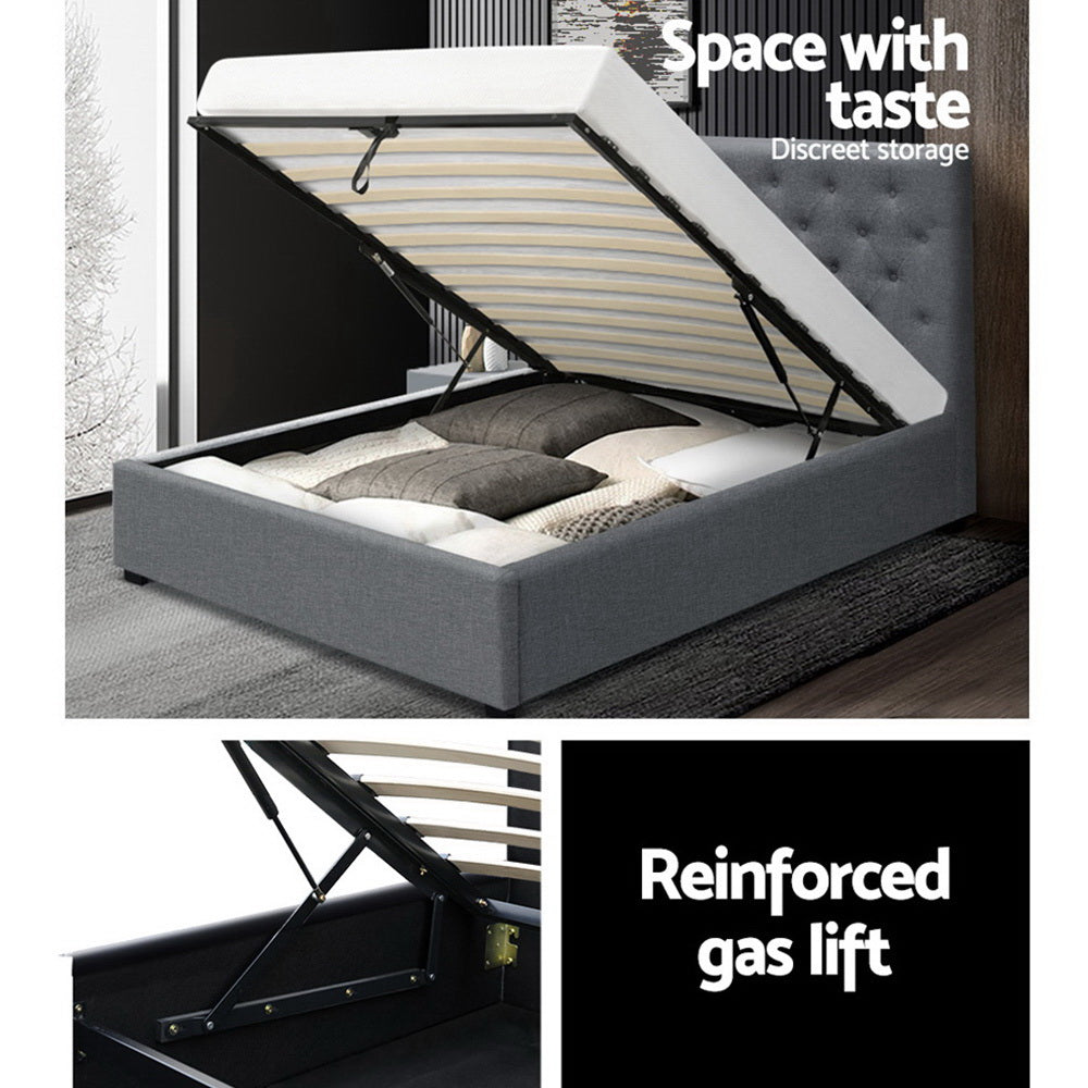 King Single Vila Bed Frame Fabric Gas Lift Storage - Grey