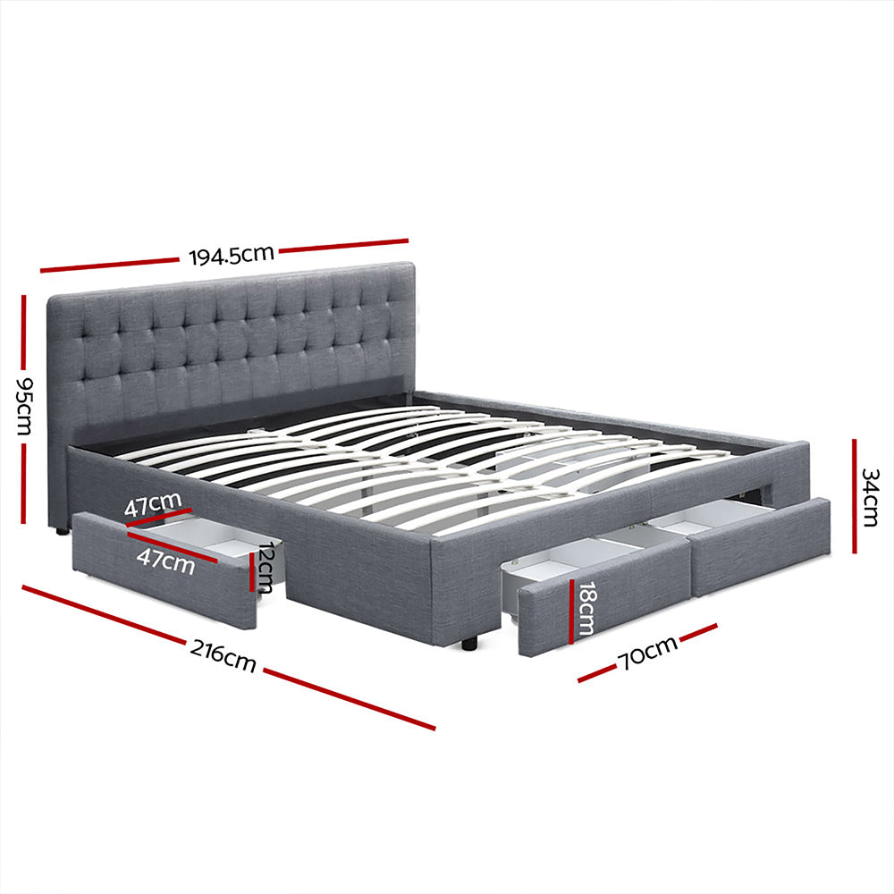 King Avio Bed Frame Fabric Storage Drawers - Grey