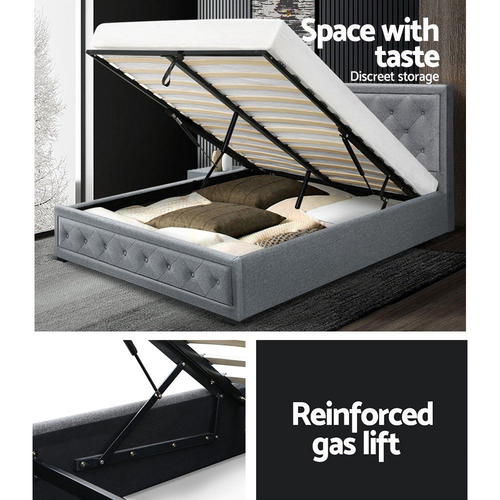 Double Artiss Tiyo Bed Frame Fabric Gas Lift Storage - Grey