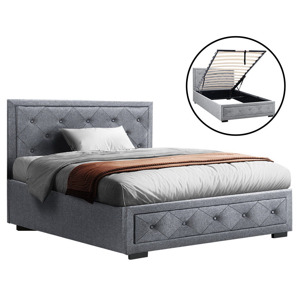 King Single Gas Lift Base With Storage Fabric Bed Frame - Grey