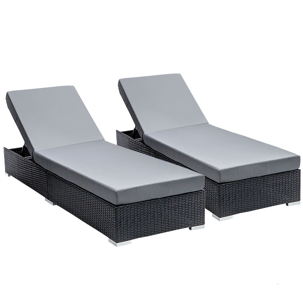 Set of 2 Outdoor Sun Lounge Bed Sofa - Black