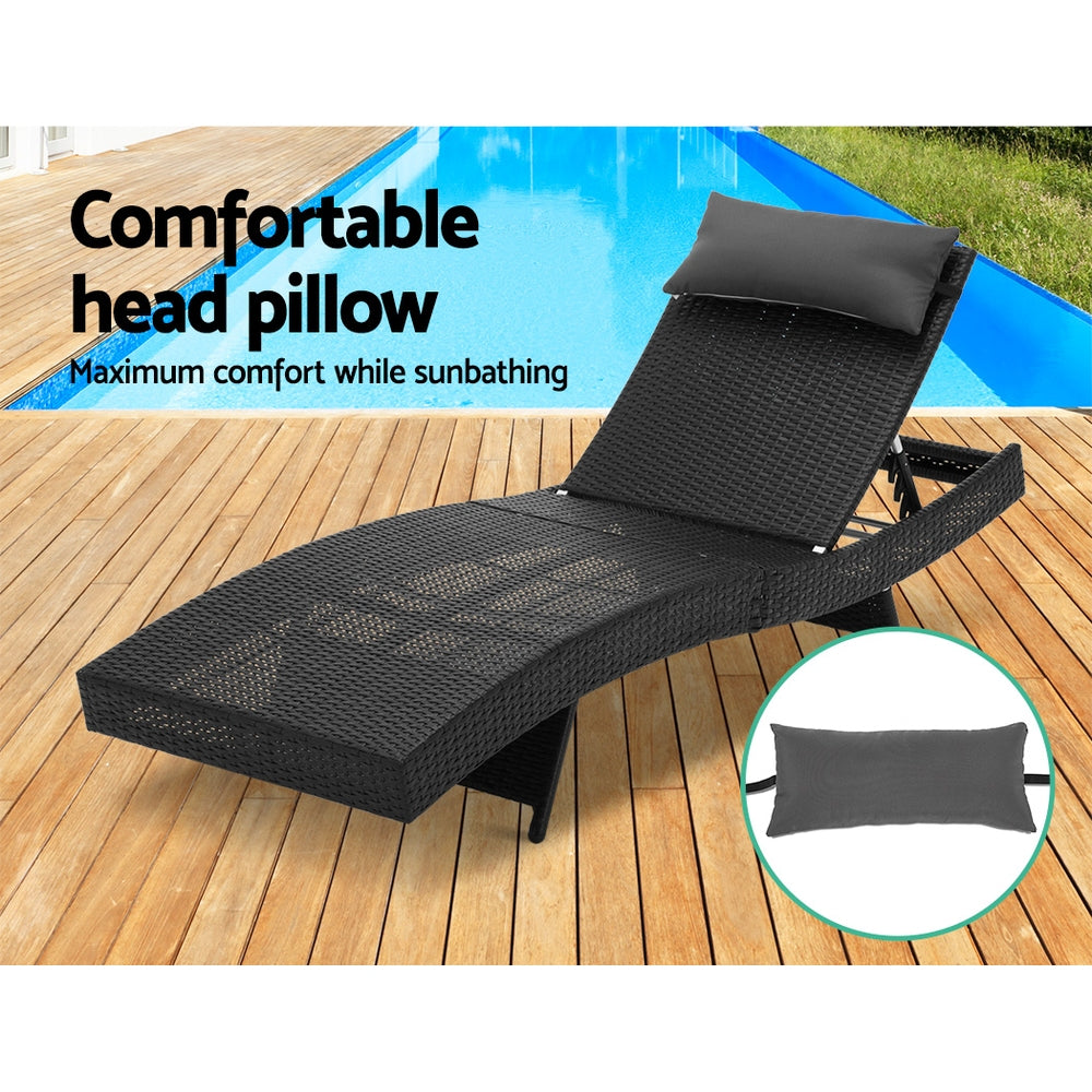 Set of 2 Outdoor Sun Lounge Wicker Lounger Day Bed - Black