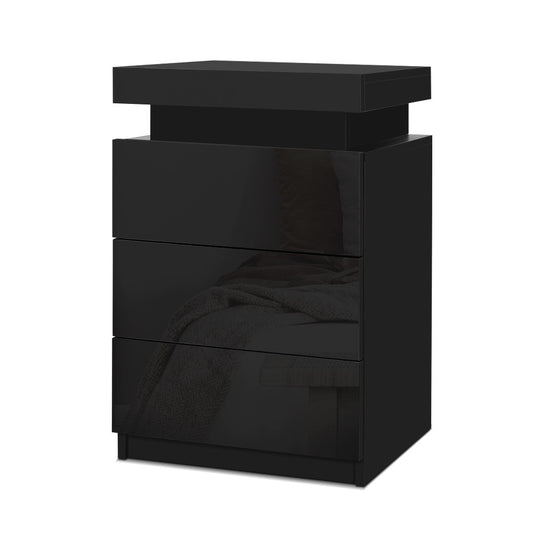 COLEY Bedside Table LED 3 Drawers - Black