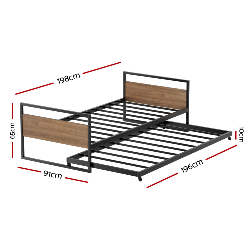 Single Metal Bed Frame with Trundle Daybed Wooden Headboard