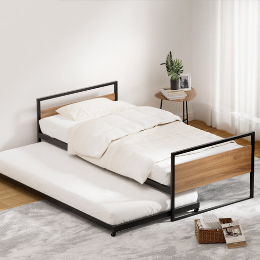 Single Metal Bed Frame with Trundle Daybed Wooden Headboard
