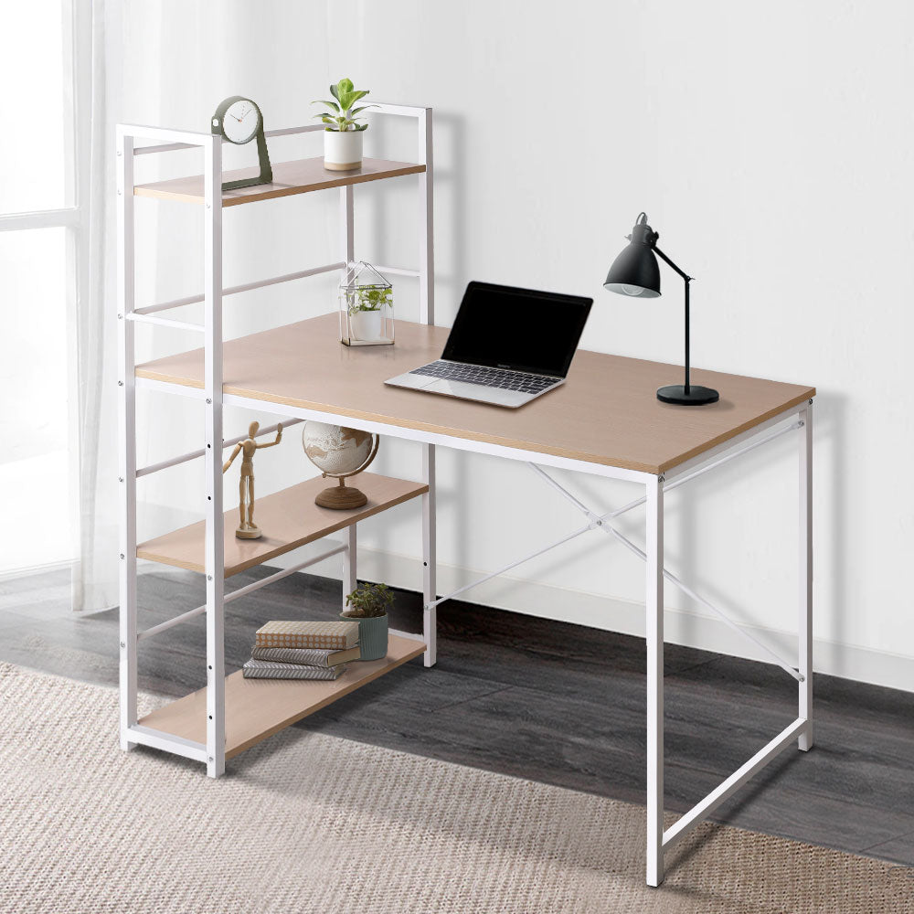 Metal Desk with Shelves - White with Oak Top