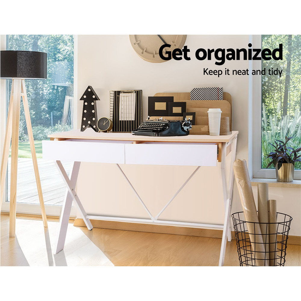 Metal Office Desk with Drawer - White with Oak Top