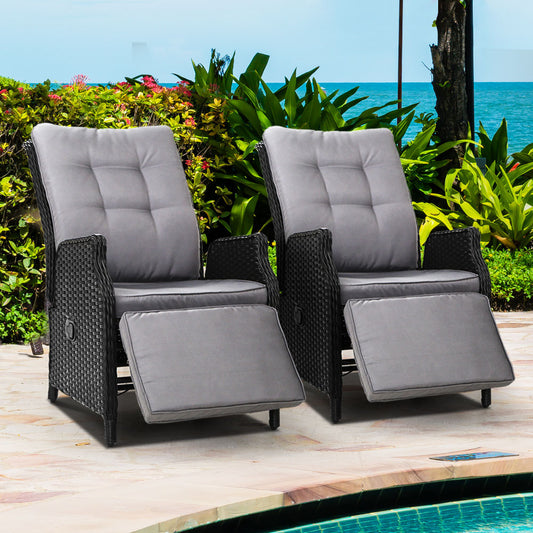 Set of 2 Recliner Wicker Chairs - Black & Grey