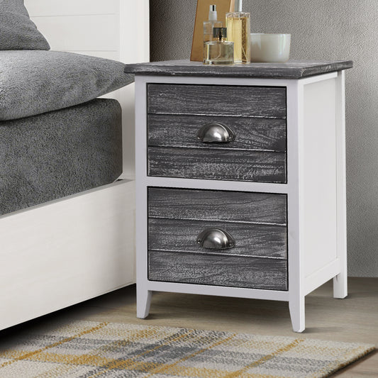 2x Bedside Table 2 Drawers - Grey