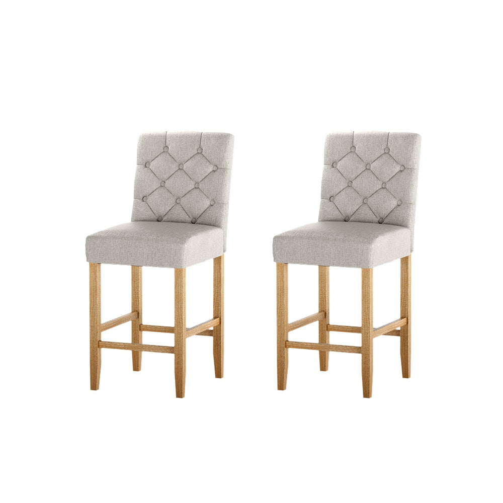 x2 Wooden Barstools Linen Upholstered - Beige