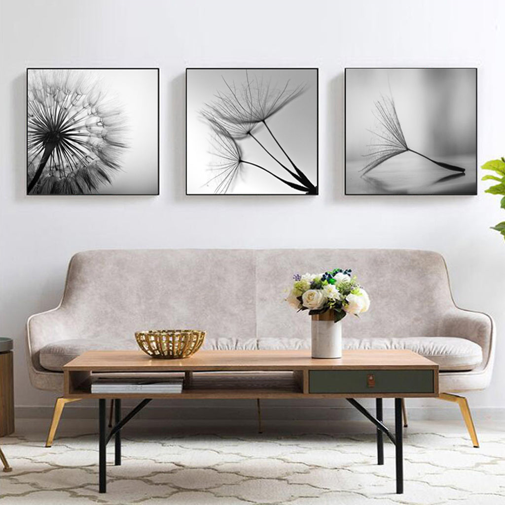 70cmx70cm Botanical dandelions 3 Sets Black Frame Canvas Wall Art