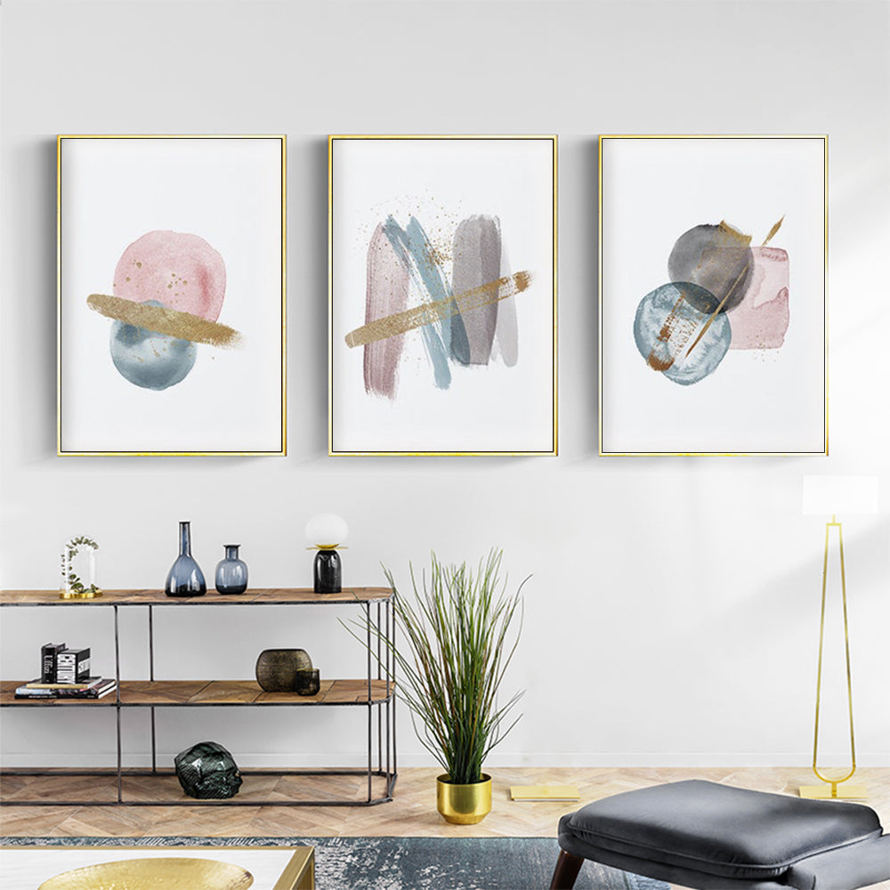 60cmx90cm Blush Pink Watercolor 3 Sets Gold Frame Canvas Wall Art