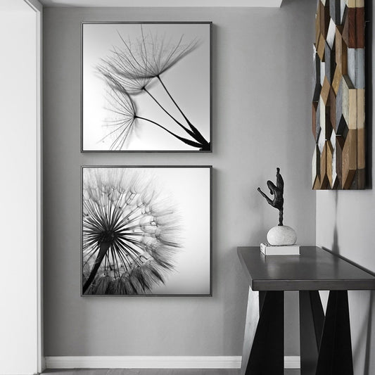 70cmx70cm Black and white dandelion 2 Sets Black Frame Canvas Wall Art