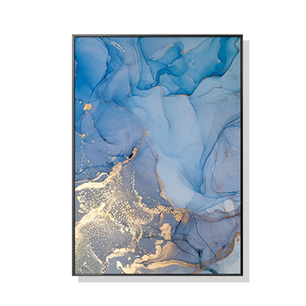80cmx120cm Light Blue Marble With Gold Splash Black Frame Canvas Wall Art