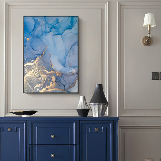 80cmx120cm Light Blue Marble With Gold Splash Black Frame Canvas Wall Art