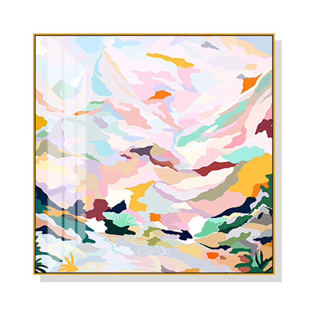 Abstract Pink Mountain Hand Painted Style Gold Frame Canvas Wall Art - 80cmx80cm