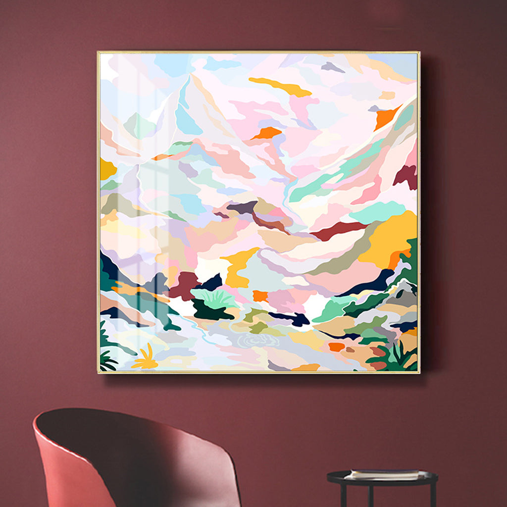 Abstract Pink Mountain Hand Painted Style Gold Frame Canvas Wall Art - 80cmx80cm