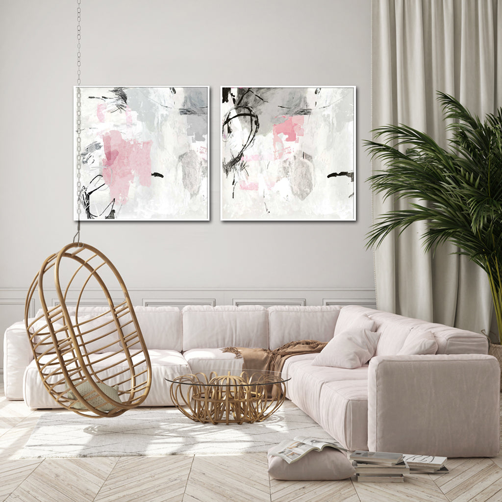 60cmx60cm Abstract Pink Grey 2 Sets White Frame Canvas Wall Art