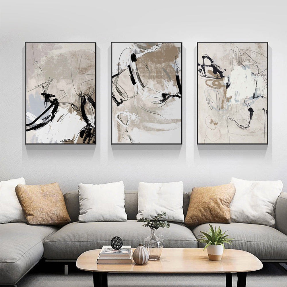 50cmx70cm Modern Abstract Beige 3 Sets Black Frame Canvas Wall Art