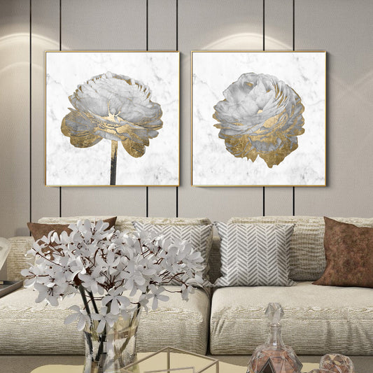Gold And White Blossom On White 2 Sets Gold Frame Canvas Wall Art - 50cmx50cm