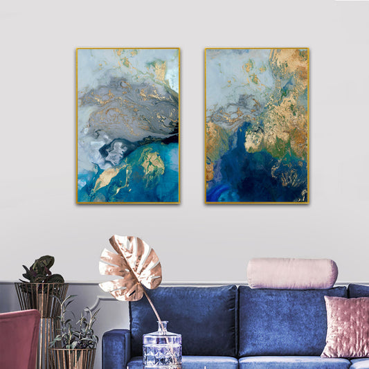 70cmx100cm Marbled Blue And Gold 2 Sets Gold Frame Canvas Wall Art