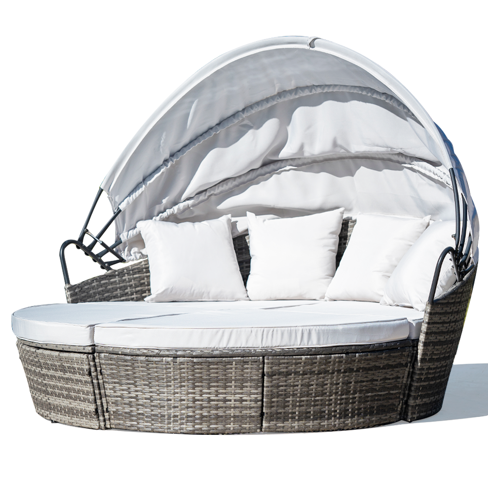 LONDON RATTAN 3PC Outdoor Daybed - Grey Wicker Off White Canopy