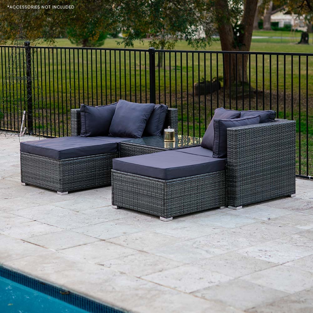 LONDON RATTAN 4 Seater Lounge Setting with Coffee Table Ottomans - Grey