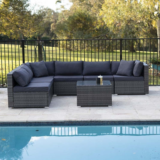 LONDON RATTAN 7 Piece Outdoor Lounge Setting with Coffee Table - Grey