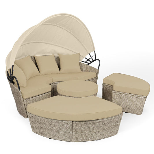 LONDON RATTAN 4pc  Round Day Bed - Beige Wicker and Canopy