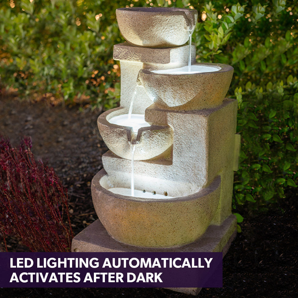 PROTEGE Solar 4 Bowl Fountain Water Feature with LED Lights - Sand Colour