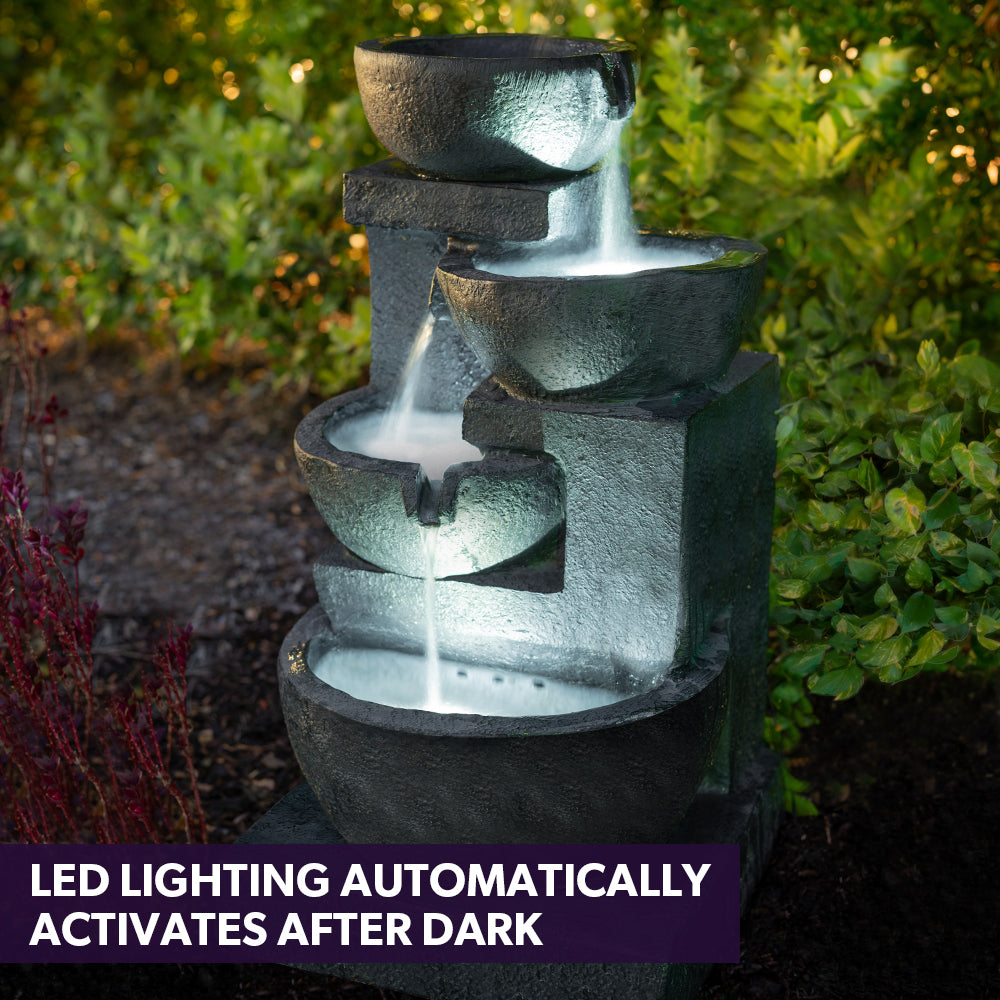 PROTEGE Solar 4 Bowl Fountain Water Feature with LED Lights - Charcoal