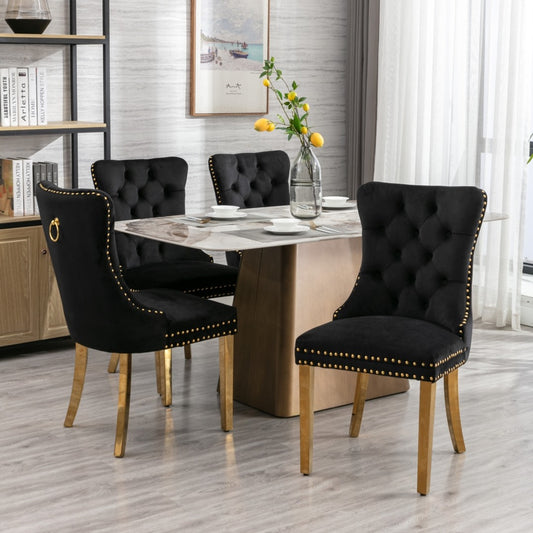 6x Velvet Dining Chairs with Golden Metal Legs - Black