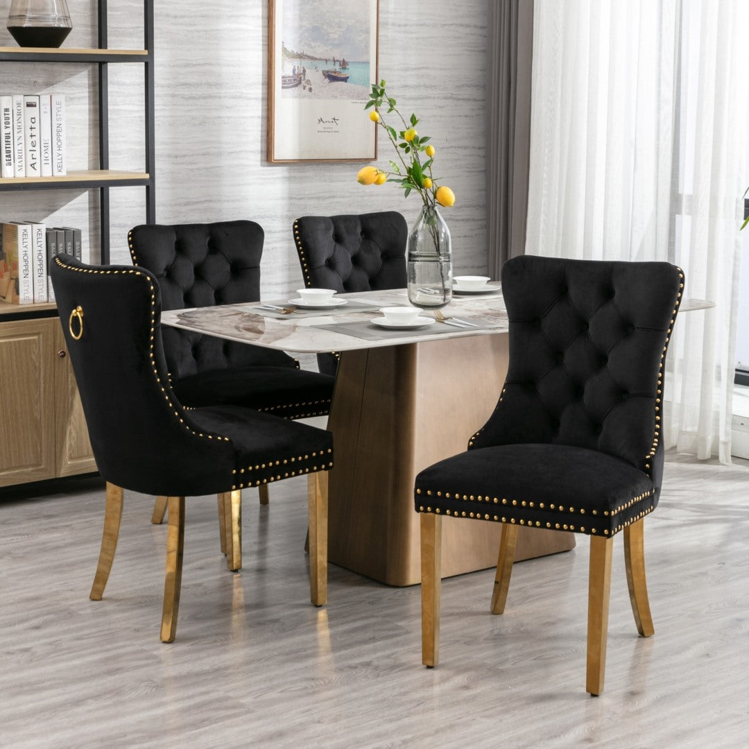 8x Velvet Dining Chairs with Golden Metal Legs - Black
