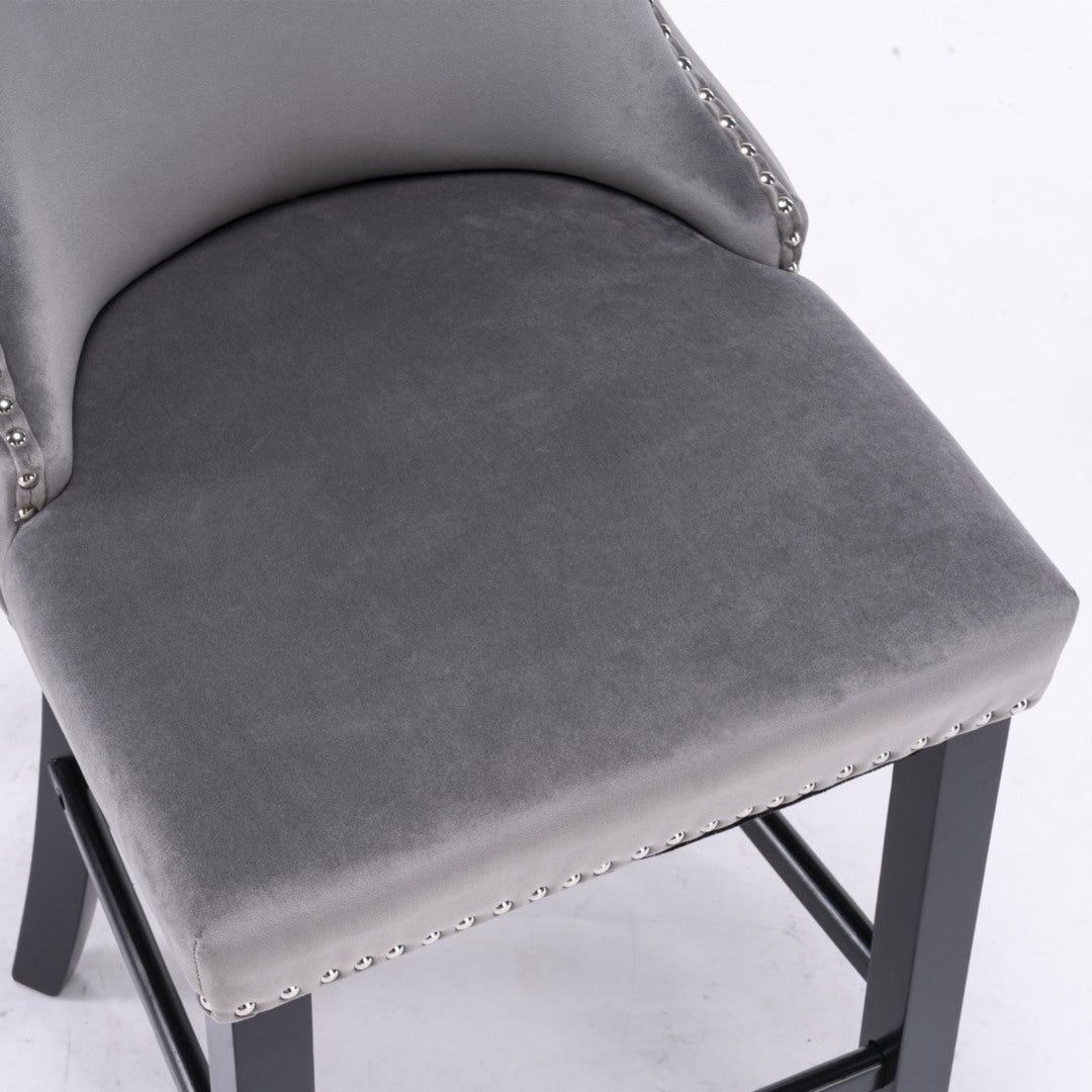 2x Velvet Upholstered Button Tufted Bar Stools with Wood Legs and Studs - Grey