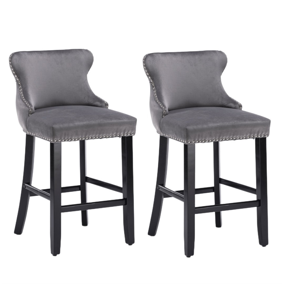 2x Velvet Upholstered Button Tufted Bar Stools with Wood Legs and Studs - Grey
