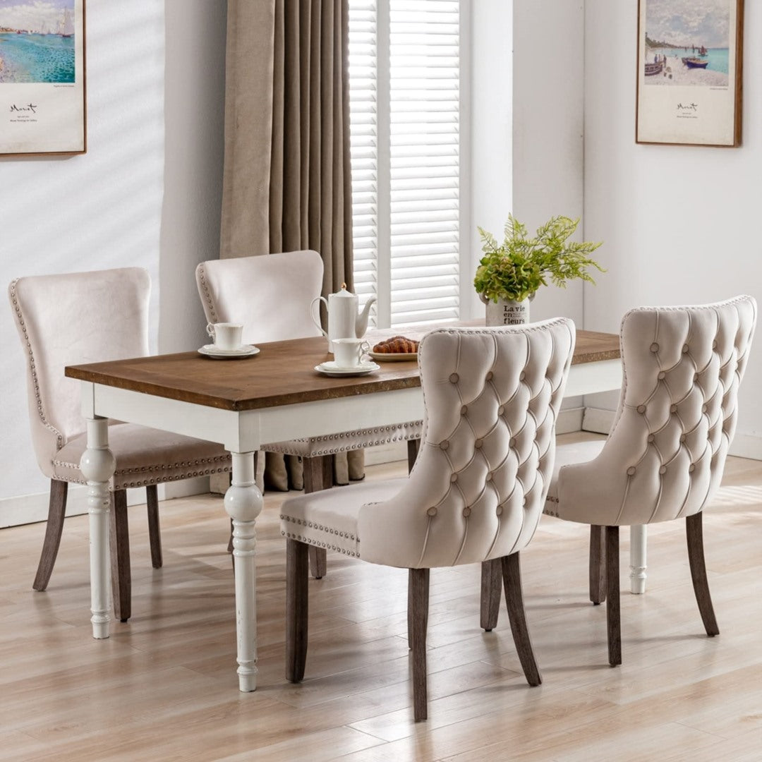 Set of 2 Velvet Upholstered Dining Chairs - Beige